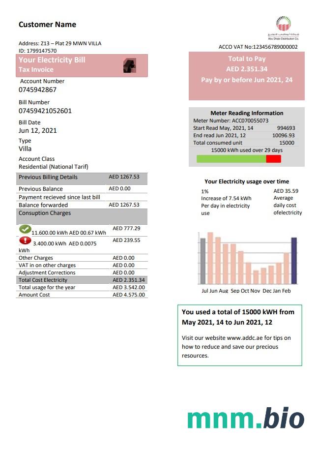 Zjednoczone Emiraty Arabskie Abu Dhabi Distribution elektryczność rachunek za media szablon w formacie Word i PDF